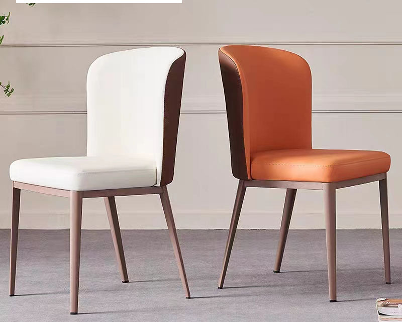 A stylish chair featuring a rich cinnamon hue on both the seat and the curved backrest, supported by dark metallic frames