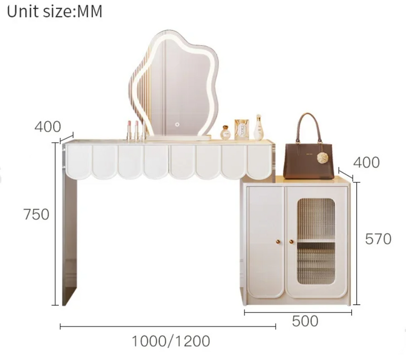Modern Cream Dressing Table with LED Mirror & Side Cabinet – Nordic Vanity Set with Chair Option