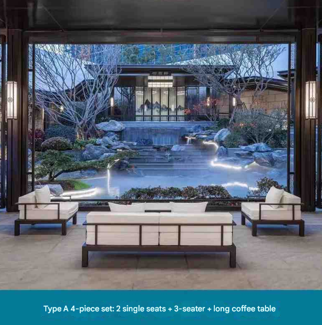 Chinese-Inspired Aluminum Outdoor Sofa Set with Marble Table – Garden & Terrace Lounge