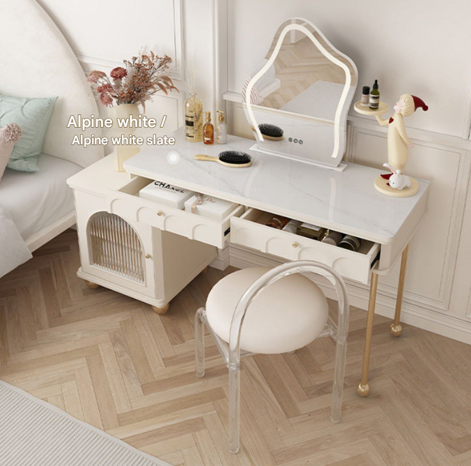 Modern Cream Dressing Table with LED Mirror & Side Cabinet – Nordic Vanity Set with Chair Option