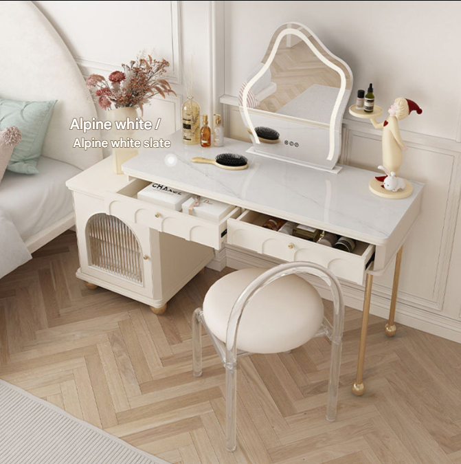 Modern Cream Dressing Table with LED Mirror & Side Cabinet – Nordic Vanity Set with Chair Option