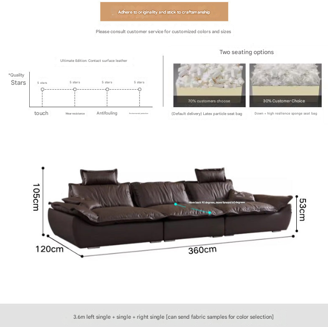 Italian Brown Leather Sofa with Adjustable Back – Straight Sectional Design