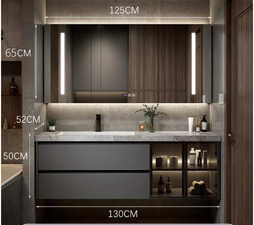 Italian Minimalist Grey Bathroom Cabinet – Seamless Stone Basin with Smart Mirror