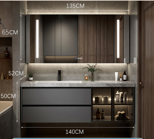 Italian Minimalist Grey Bathroom Cabinet – Seamless Stone Basin with Smart Mirror
