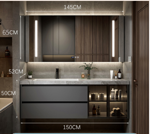 Italian Minimalist Grey Bathroom Cabinet – Seamless Stone Basin with Smart Mirror