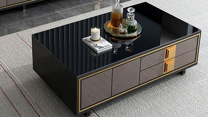 Luxury Black & Wood Coffee Table with Gold Accents – Modern Elegant Centerpiece with Storage Drawers