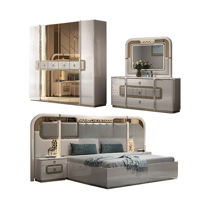 Modern Wooden Bedroom Set with Upholstered LED Headboard & Storage – Luxury King Size MDF Furniture