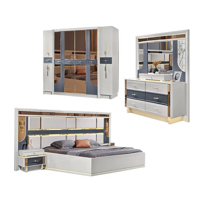 Modern Grey and Gold Bedroom Furniture Set with LED Headboard, Mirror Wardrobe, and Dresser Unit