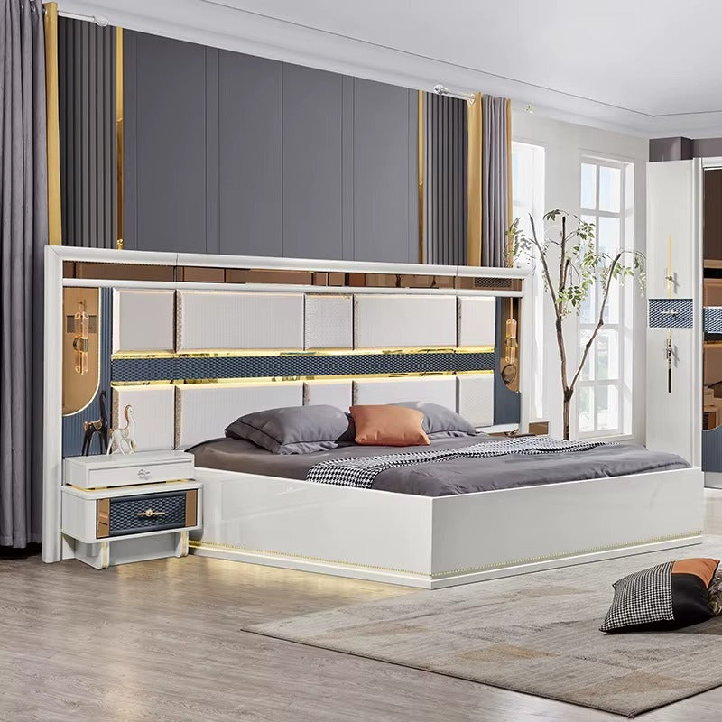 Modern Grey and Gold Bedroom Furniture Set with LED Headboard, Mirror Wardrobe, and Dresser Unit