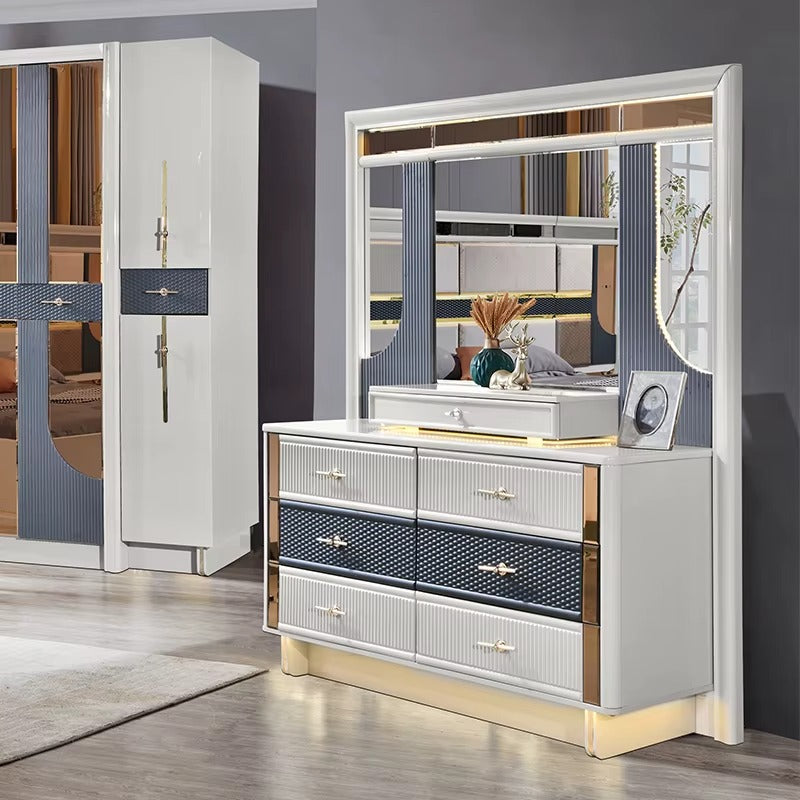 Modern Grey and Gold Bedroom Furniture Set with LED Headboard, Mirror Wardrobe, and Dresser Unit