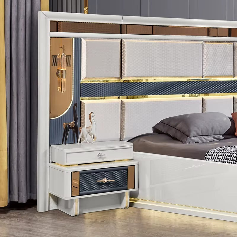 Modern Grey and Gold Bedroom Furniture Set with LED Headboard, Mirror Wardrobe, and Dresser Unit