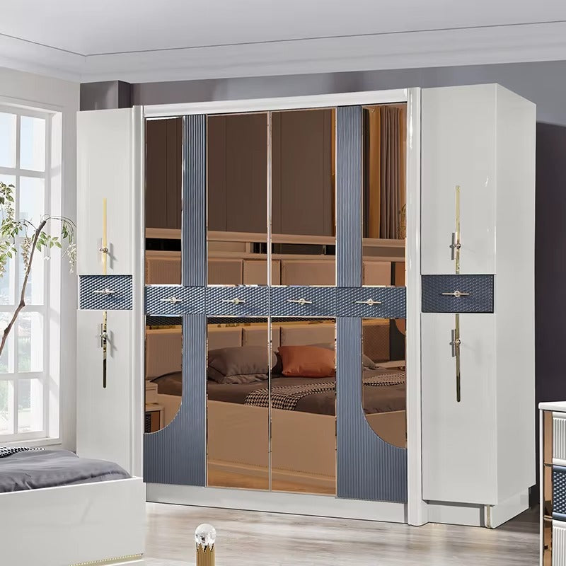 Modern Grey and Gold Bedroom Furniture Set with LED Headboard, Mirror Wardrobe, and Dresser Unit