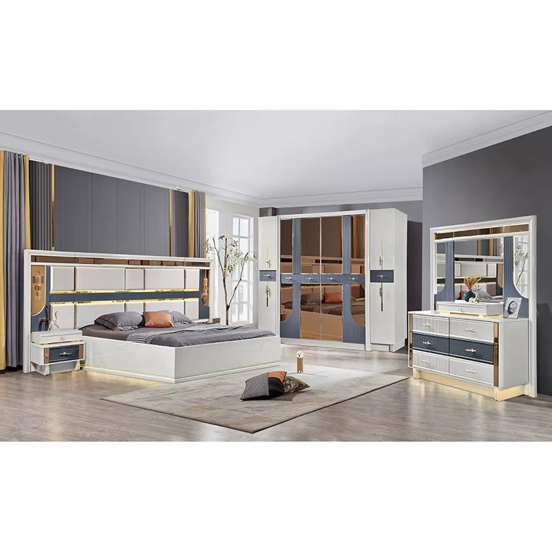 Modern Grey and Gold Bedroom Furniture Set with LED Headboard, Mirror Wardrobe, and Dresser Unit