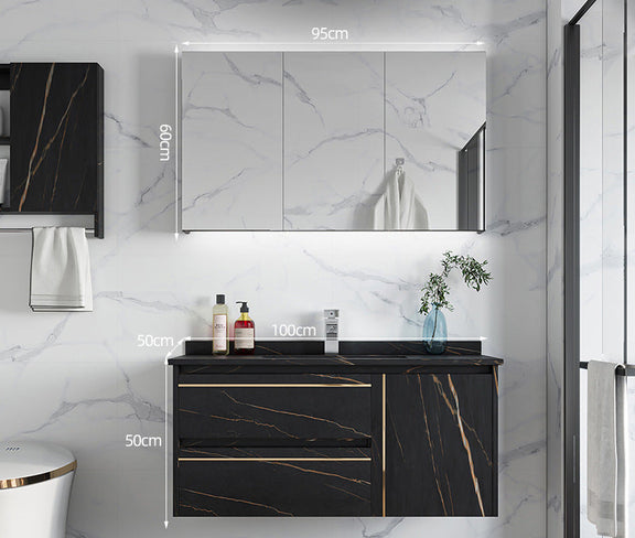 Rock slab integrated basin with open shelf storage