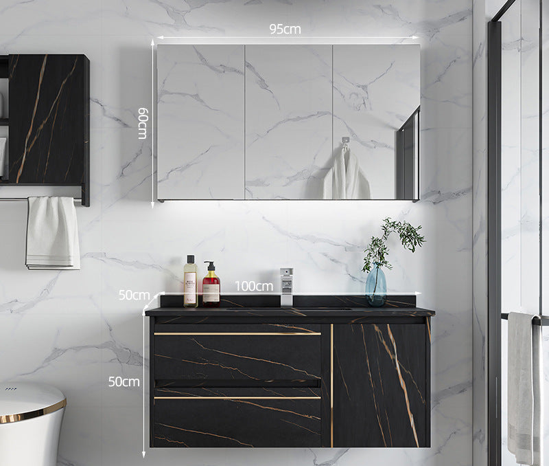 Rock slab integrated basin with open shelf storage