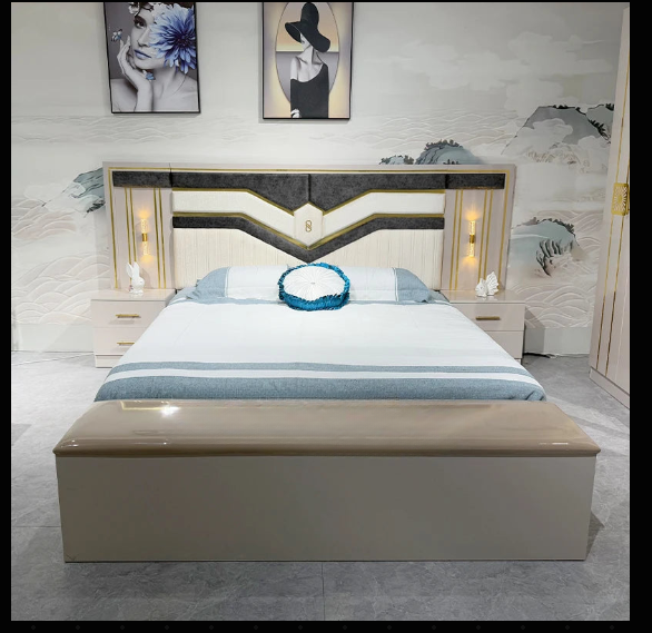 Modern Luxury Bedroom Set with Upholstered Bed, Dresser & Nightstands