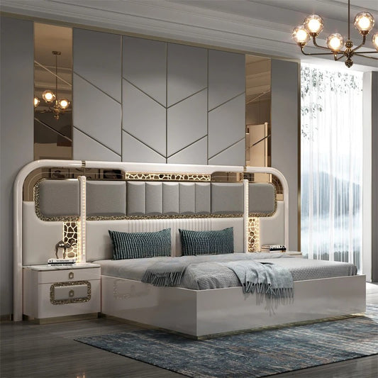 Modern Wooden Bedroom Set with Upholstered LED Headboard & Storage – Luxury King Size MDF Furniture