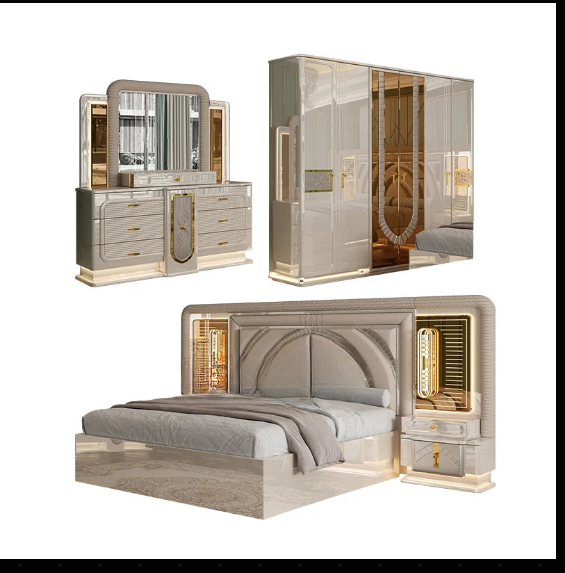 Modern Luxury Wooden Bedroom Set with Upholstered LED Headboard & Storage – King Size Home Furniture