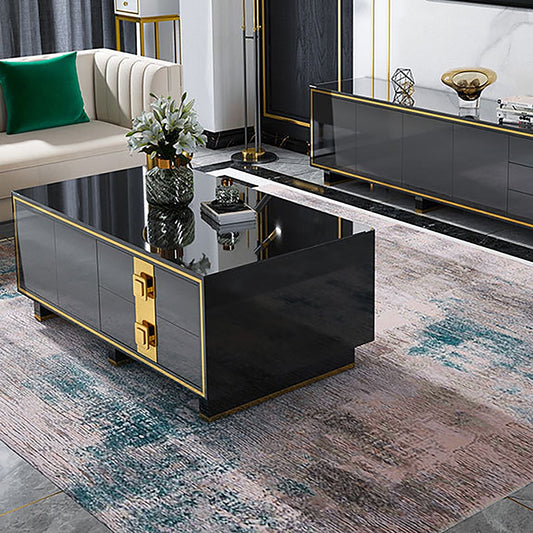 Luxury Black & Wood Coffee Table with Gold Accents – Modern Elegant Centerpiece with Storage Drawers