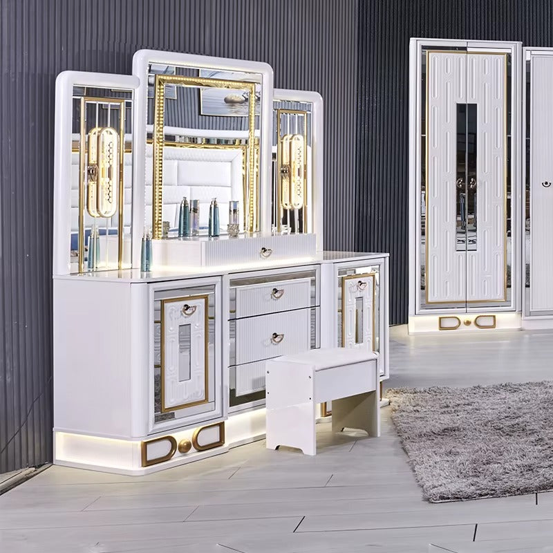 Luxury White and Gold Bedroom Furniture Set with LED Lights, Mirror Wardrobe, and Padded Headboard