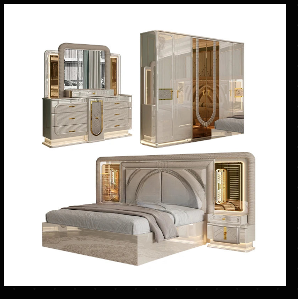 Modern Luxury Wooden Bedroom Set with Upholstered LED Headboard & Storage – King Size Home Furniture