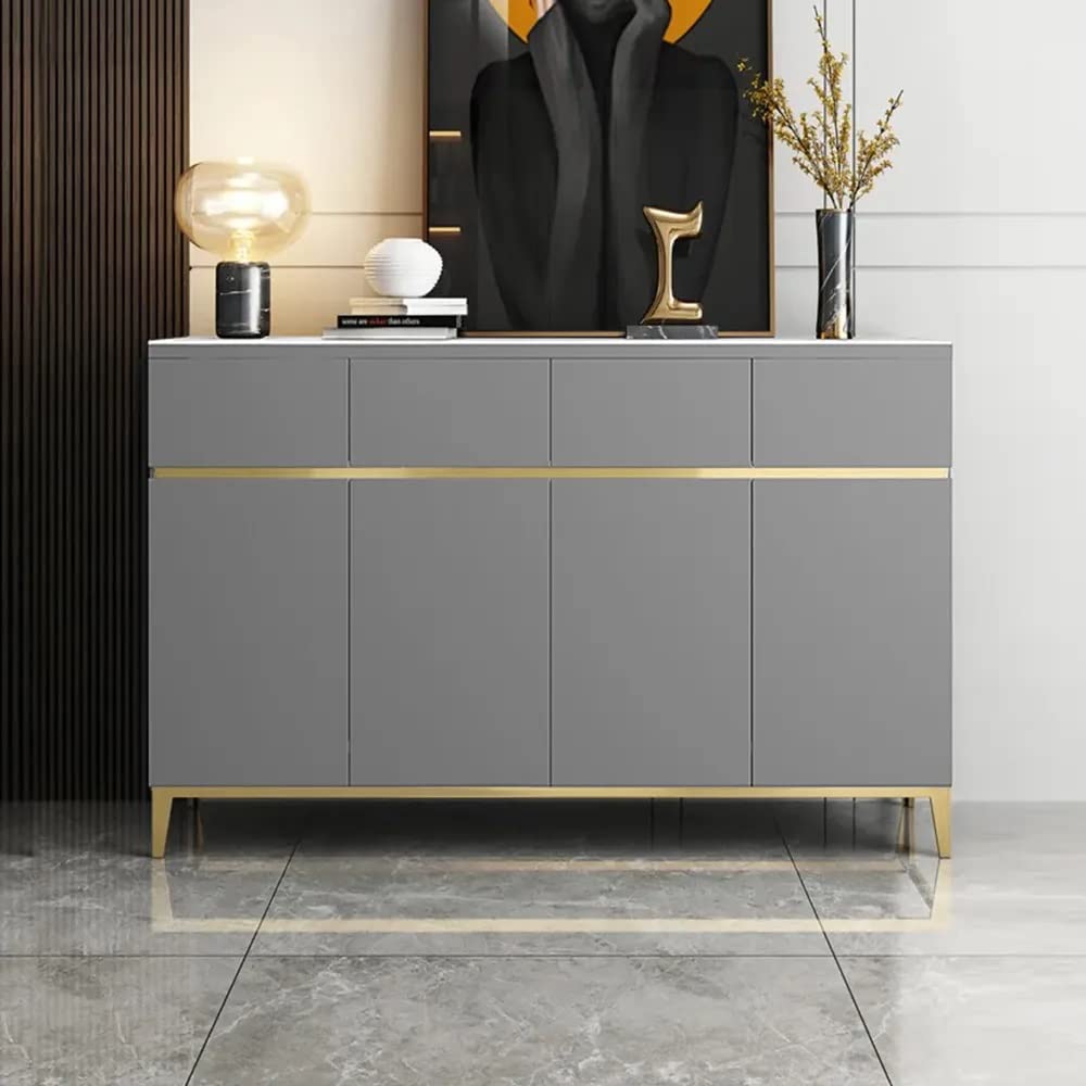Modern Grey Sideboard with Marble Top & Gold Accents – Elegant Storage Cabinet/Side Cabinet/Side Board for Contemporary Interiors