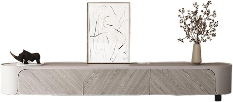 Modern Wood & Beige TV Stand with Curved Edges – Stylish Low-Profile Media Console for Contemporary Spaces