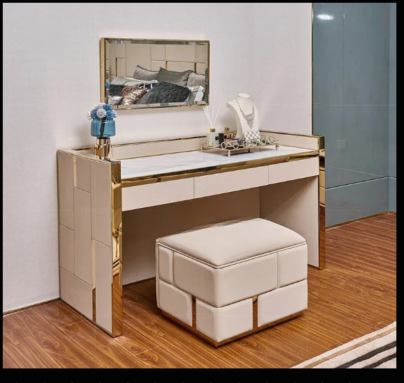 Luxury White Upholstered Dressing Table with Marble Top, Mirror, and Matching Stool