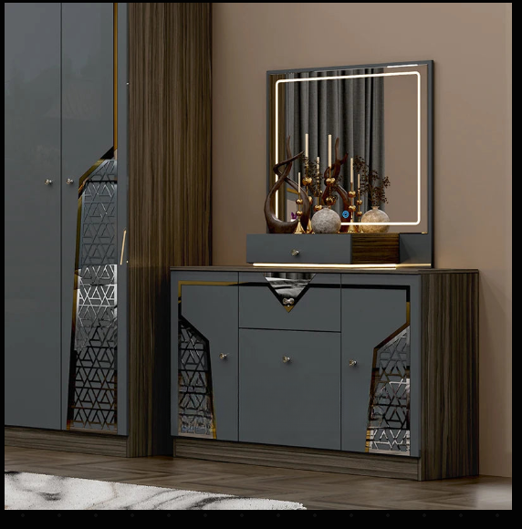 Luxury Grey Bedroom Set with Upholstered Bed, Wardrobe & Dresser