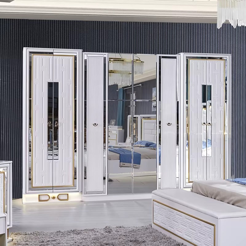 Luxury White and Gold Bedroom Furniture Set with LED Lights, Mirror Wardrobe, and Padded Headboard