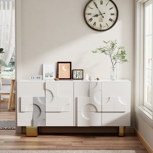 Modern Glossy Cream Sideboard with 3D Geometric Panels & Gold Legs – Luxury Stylish Storage Cabinet/Side Board/Side Cabinet  for Elegant Spaces