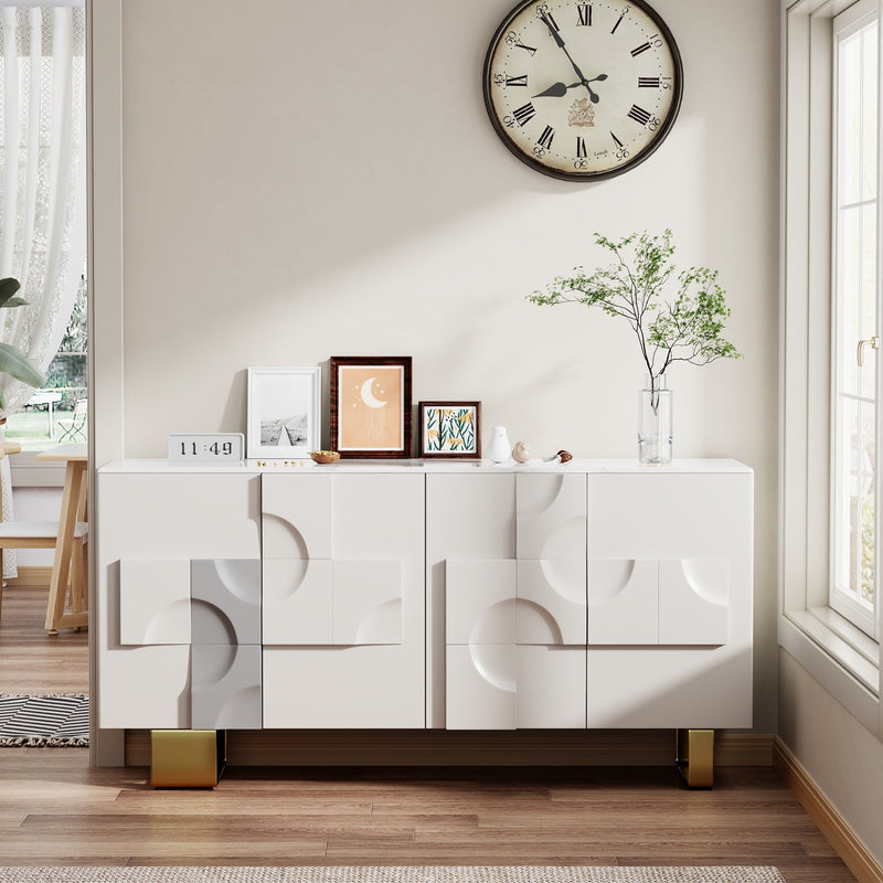 Modern Glossy Cream Sideboard with 3D Geometric Panels & Gold Legs – Luxury Stylish Storage Cabinet/Side Board/Side Cabinet  for Elegant Spaces