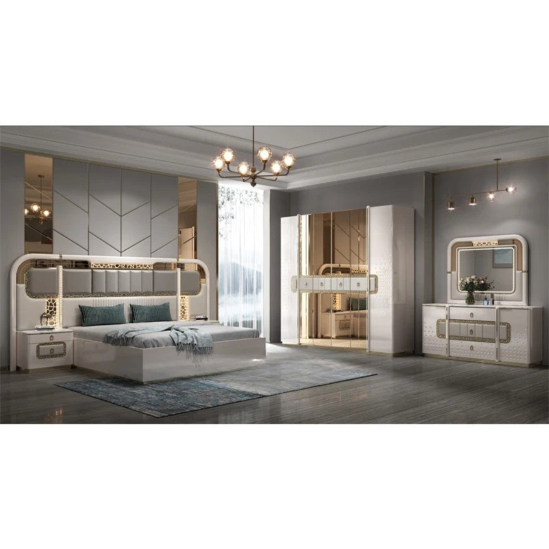 Modern Wooden Bedroom Set with Upholstered LED Headboard & Storage – Luxury King Size MDF Furniture