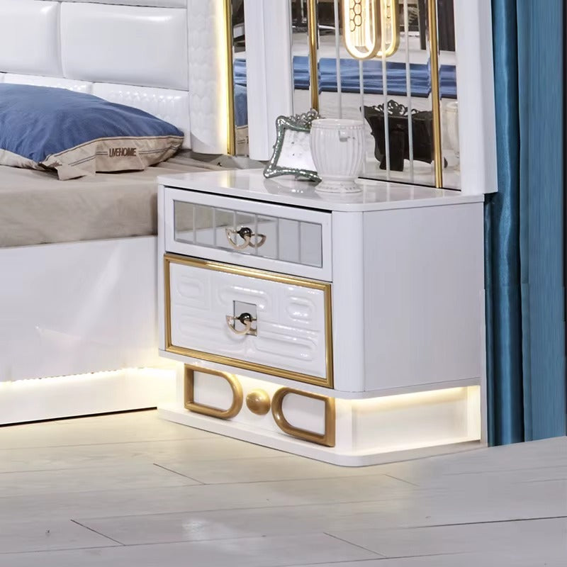 Luxury White and Gold Bedroom Furniture Set with LED Lights, Mirror Wardrobe, and Padded Headboard