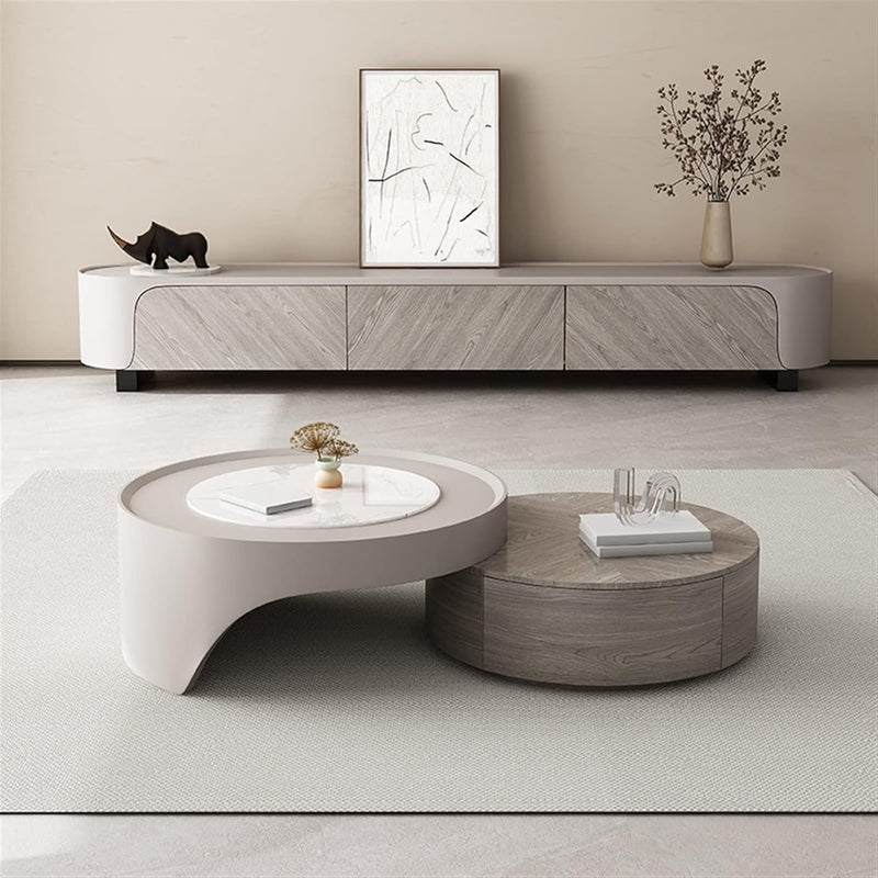 Modern Wood & Beige TV Stand with Curved Edges – Stylish Low-Profile Media Console for Contemporary Spaces
