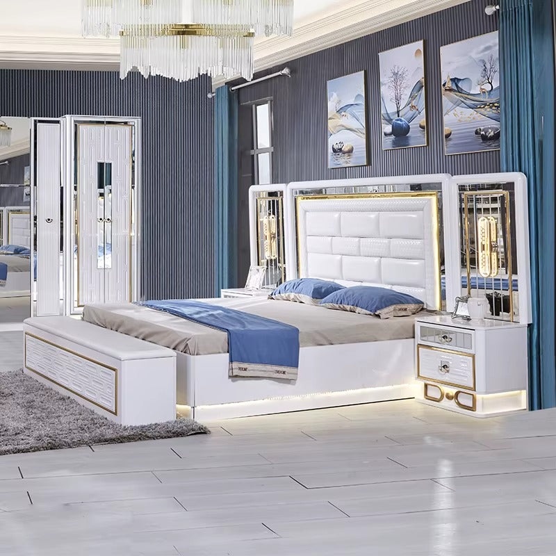 Luxury White and Gold Bedroom Furniture Set with LED Lights, Mirror Wardrobe, and Padded Headboard