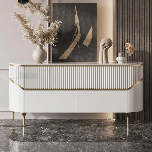 Luxury White & Gold Sideboard with Fluted Detailing – Elegant Storage Cabinet/Side Cabinet/Side Board for Modern Interiors