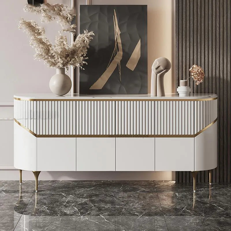 Luxury White & Gold Sideboard with Fluted Detailing – Elegant Storage Cabinet/Side Cabinet/Side Board for Modern Interiors