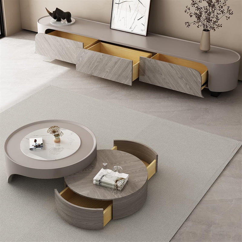 Modern Wood & Beige TV Stand with Curved Edges – Stylish Low-Profile Media Console for Contemporary Spaces