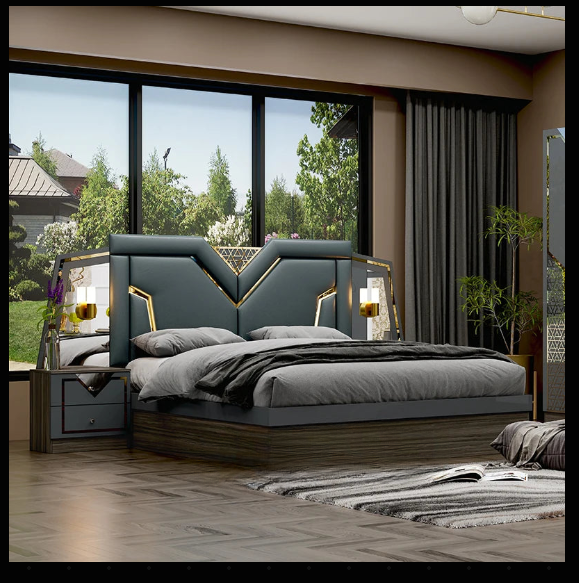 Luxury Grey Bedroom Set with Upholstered Bed, Wardrobe & Dresser
