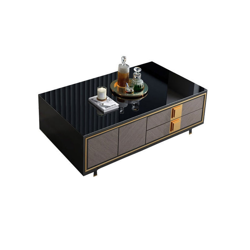 Luxury Black & Wood Coffee Table with Gold Accents – Modern Elegant Centerpiece with Storage Drawers