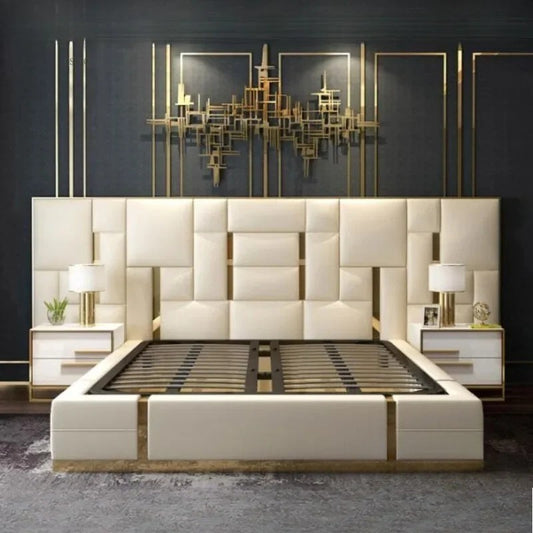 Deluxe Nordic Leather King Bed with Upholstered Headboard & Storage Nightstands