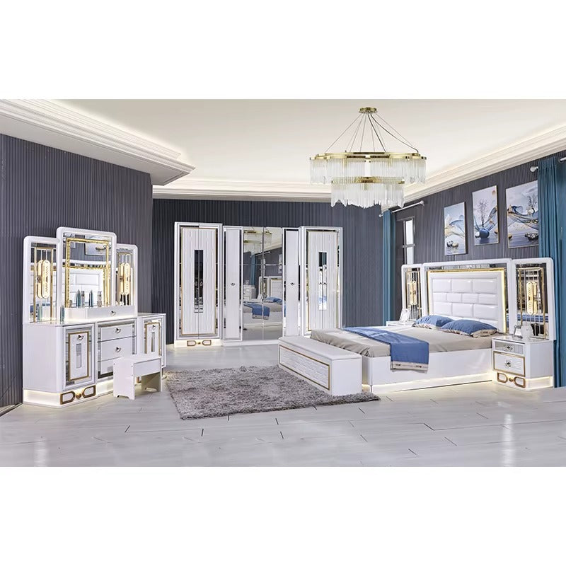 Luxury White and Gold Bedroom Furniture Set with LED Lights, Mirror Wardrobe, and Padded Headboard