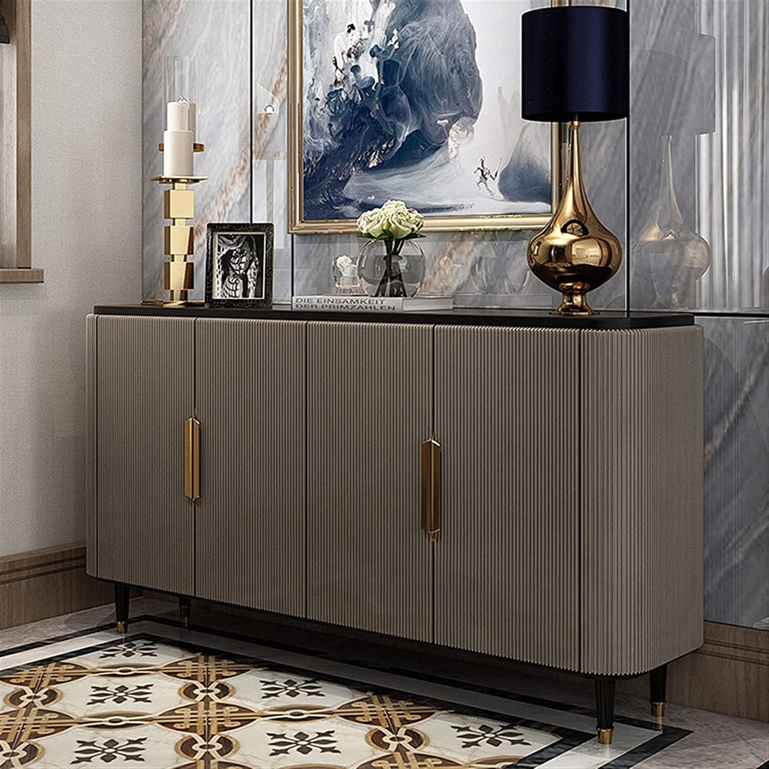 Elegant Fluted Sideboard with Gold Handles & Black Top – Modern Storage Cabinet/Side Cabinet/Side Board  for Luxurious Interiors