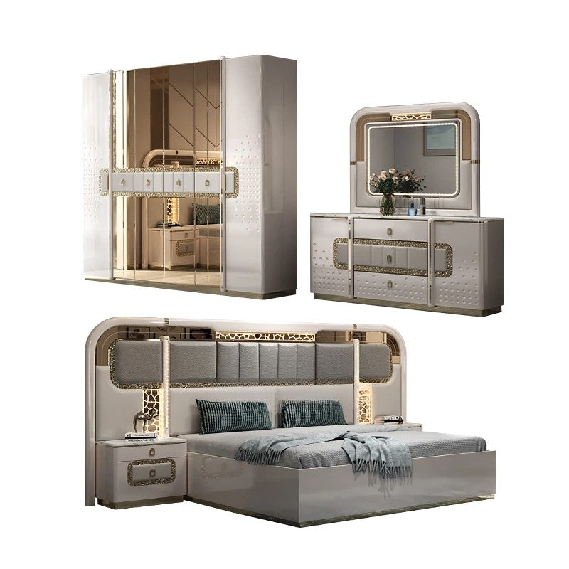 Modern Wooden Bedroom Set with Upholstered LED Headboard & Storage – Luxury King Size MDF Furniture