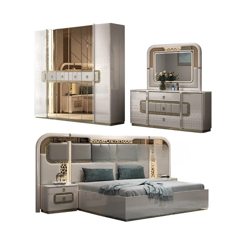 Modern Wooden Bedroom Set with Upholstered LED Headboard & Storage – Luxury King Size MDF Furniture
