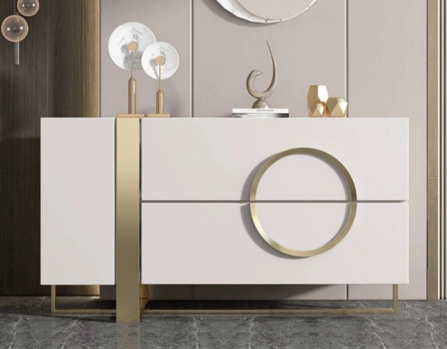 Modern White Sideboard with Gold Circular Handle & Metal Base – Luxurious Storage Cabinet/Side Cabinet/Side Board for Elegant Spaces