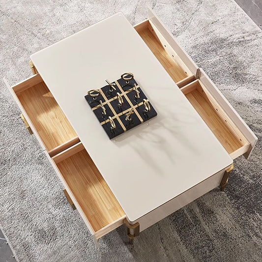 Modern Glam Coffee Table – Beige & Gold Centerpiece with Storage Drawers