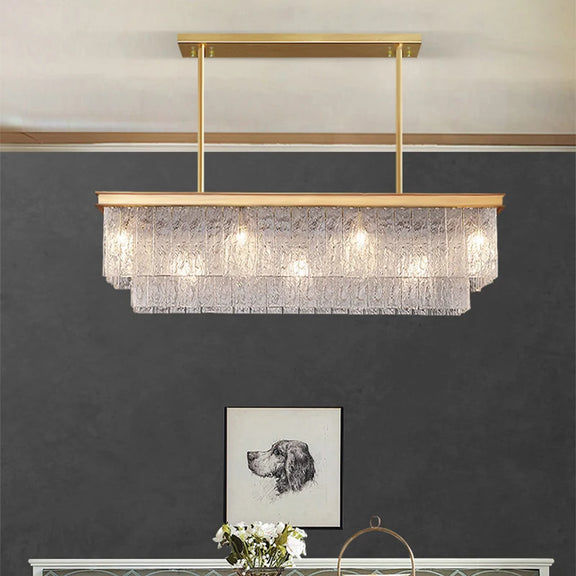 Contemporary tiered glass LED chandelier suspended from ceiling