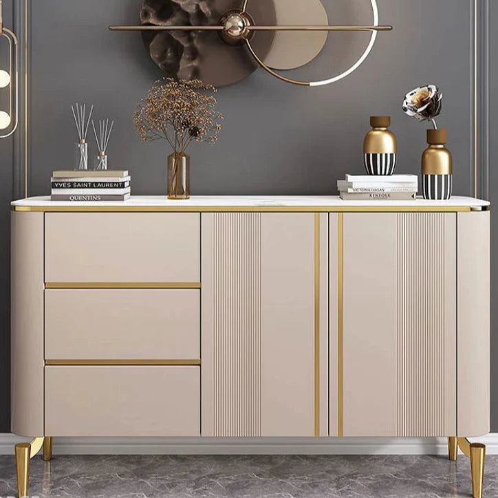 Modern Cream & Gold Sideboard with Drawers – Elegant Storage Cabinet or side Board or Side Cabinet  with Marble Top for Luxurious Interiors